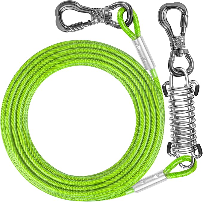 Tresbro 15 FT Dog Tie Out Cable with Spring, Shock Absorbing Tether Chains for Outside Aavilable in 10/15/20/25/30/40/50/70/100/120 FT, Heavy Duty Leads for Yard for Medium & Large Dogs Up to 500 LBS