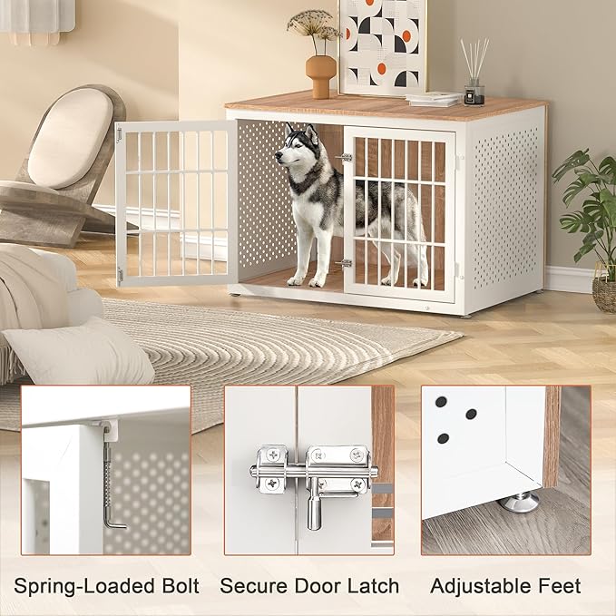 42" Heavy Duty Dog Crate Furniture for Large Dogs, Metal Kennel for High Anxiety Dogs, White Wooden Cage Furniture Indoor, Decorative Dog Kennel End Table, XL