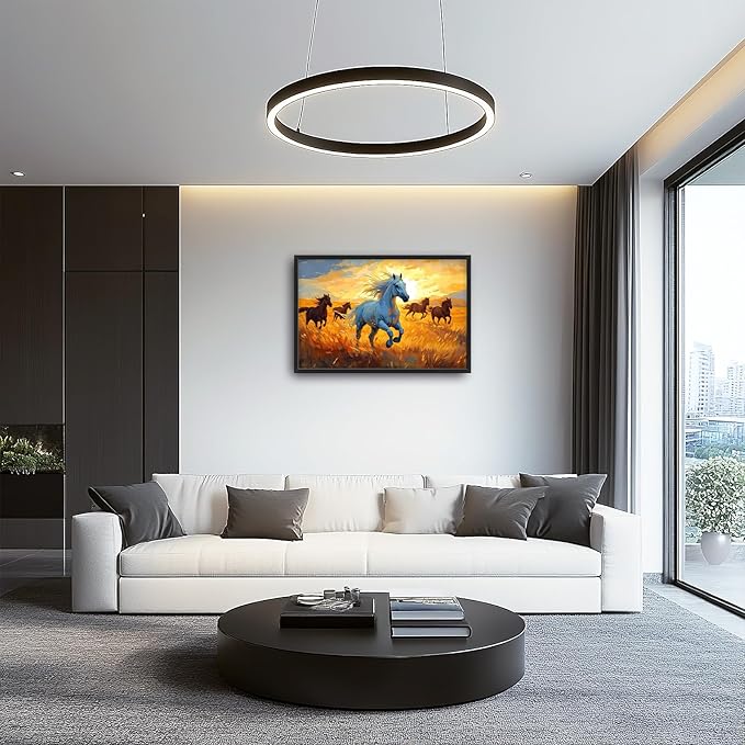 Framed Large Horse Wall Art for Living Room, Oversized Running Horses Wall Decor, Sunset Field Landscape Canvas Painting Home Decoration for Living Room Bedroom Dining Room Office 36"x24"