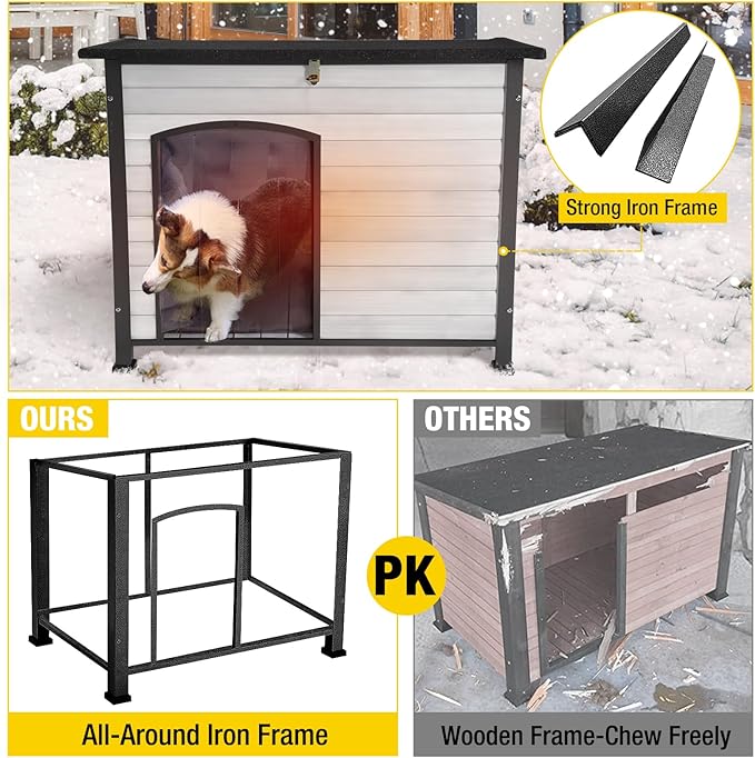 Aivituvin Dog House Outdoor with Insulated Liner, Weatherproof Dog House for Winter, Suitable for Small & Medium & Large Dogs with Unique All-Around Iron Frame(Off-White)