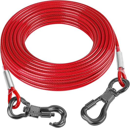 Tresbro 60FT Red Reflective Tie Out Cable for Dogs Up to 250 Pounds, Steel Wire Lead Leash with Stainless Rotatable Buckle, Lightweight and Enduring, Dog Chains Outside for Outdoor,Yard,Camping