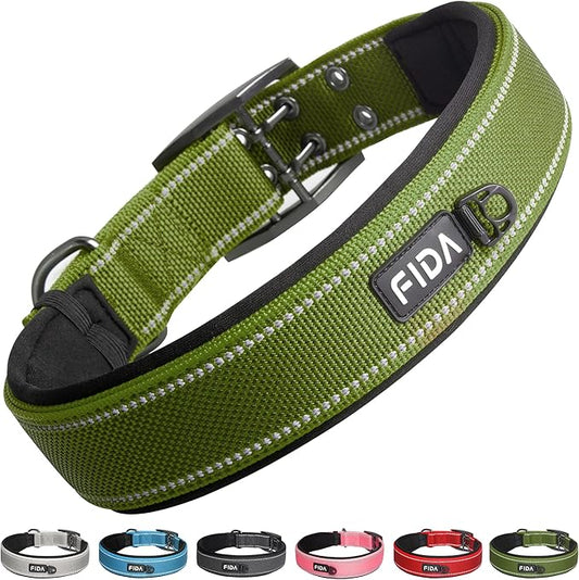 Fida Heavy DutyDog Collar for Large Dogs, Ultra Comfortable Soft Neoprene Padded, Adjustable Reflective Nylon Pet Collar with Durable Metal Belt Buckle for Extra Large Breeds(XL, Green)