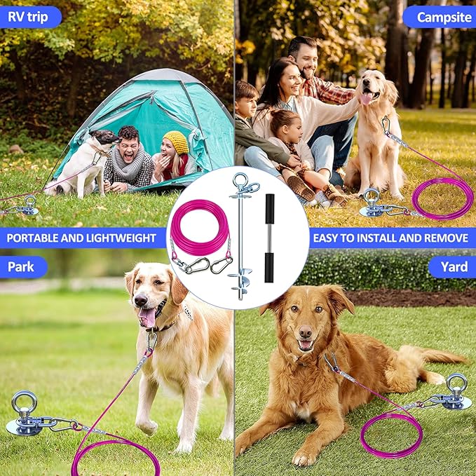 TOPKNOT Dog Tie Out Cable and Stake,(up to 200lbs) 20FT Heavy Duty Cable,360°Swivel Run Anchor- No Tangle,Dog Runner for Yard,Ideal for Outdoor Camping