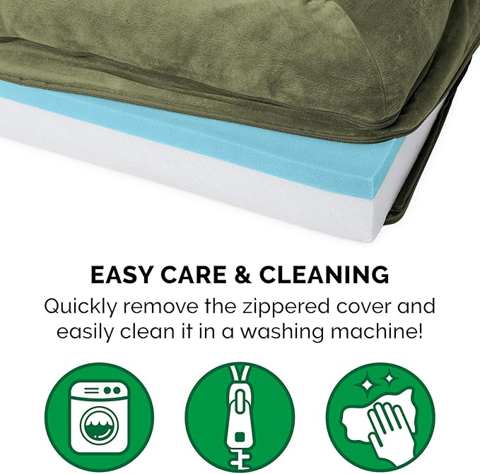 Furhaven Cooling Gel Dog Bed for Large/Medium Dogs w/ Removable Bolsters & Washable Cover, For Dogs Up to 55 lbs - Faux Fur & Velvet Sofa - Dark Sage, Large