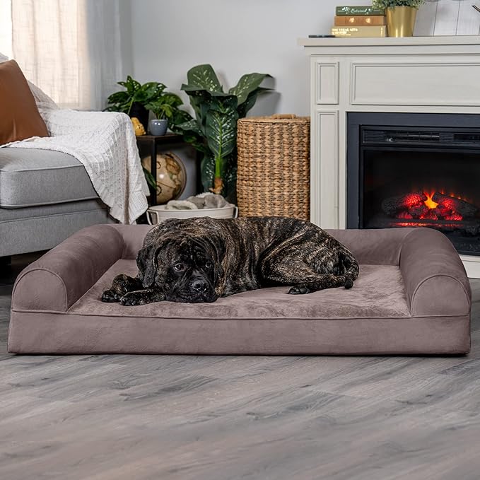 Furhaven Orthopedic Dog Bed for Large Dogs w/ Removable Bolsters & Washable Cover, For Dogs Up to 125 lbs - Faux Fur & Velvet Sofa - Driftwood Brown, Jumbo Plus/XXL