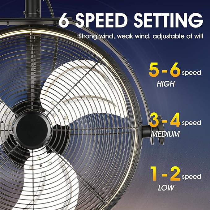 20 inch Wall Mount Fan with Lights and Remote,6-Speed Gazebo Ceiling Fan Adjustable Tilt Dimmable Wall Fan,High Velocity Industrial Outdoor Fans for Patio,Garage,Commercial,Black
