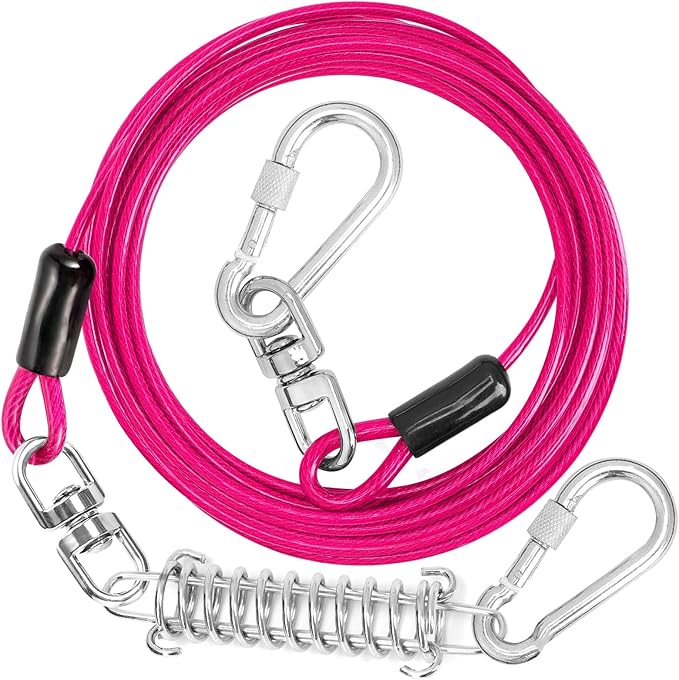 jenico Dog Tie Out Cable, 10/15/20/30/40/50/70/100/150FT Runner Cable with Swivel Hook and Shock Spring, Dog Leash Run Tether for Yard Outdoor and Camping,for Small to Medium Pets Up to 500 LBS