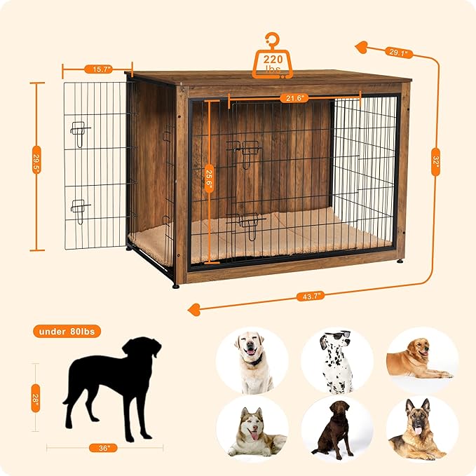 DWANTON Dog Crate Furniture with Cushion, Wooden Kennel Table with Double Doors, Indoor Dog House, Extra Large, 43.3" L, Warm Brown