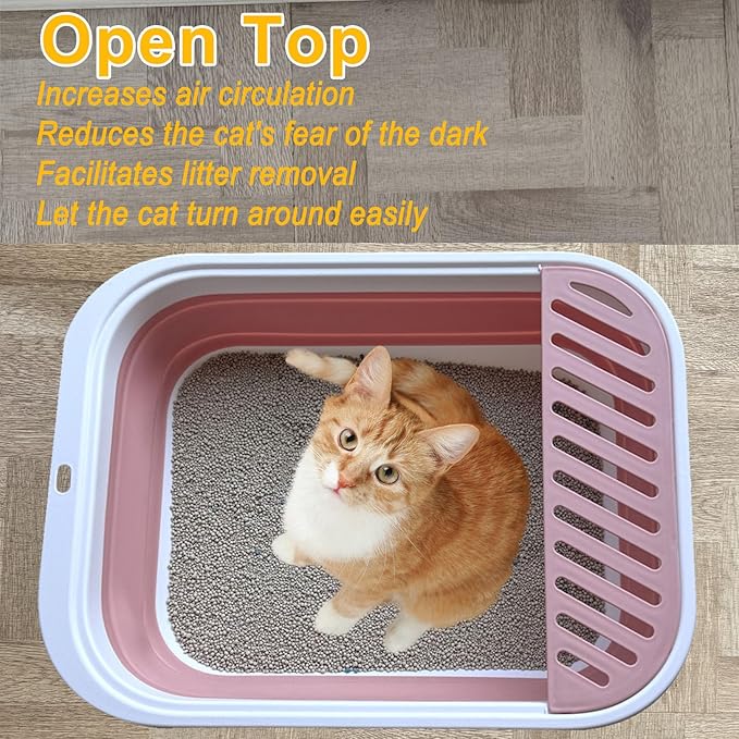 Collapsible Kitten Litter Box, 17.7 x 13.4 x 5 inch Shallow Travel Litter Box Senior Cats Open Cat Potty Pan with Scoop Anti-Splashing Low Entrance Cat Toilet with Falling Sand Pedal Grey