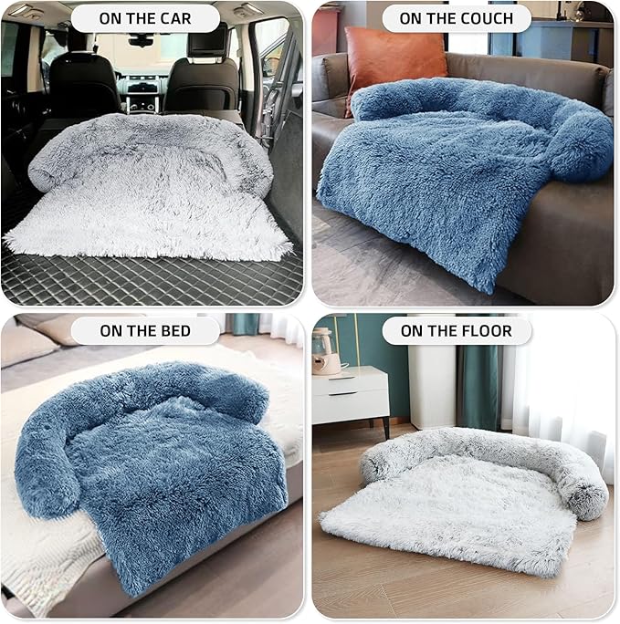 GGIB Calming Dog Bed Fluffy Plush Dog Mat for Furniture Protector with Removable Washable Cover for Large Medium Small Dogs and Cats (Medium, Navy)