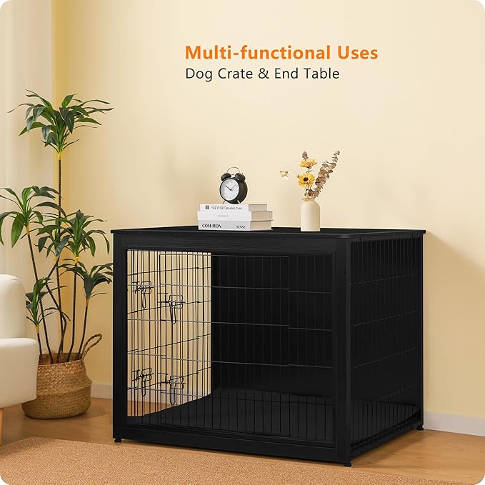 DWANTON Dog Crate Furniture with Cushion, Wooden Kennel Table with Double Doors, Indoor Dog House, Extra Large Size, 43.3" L, Black