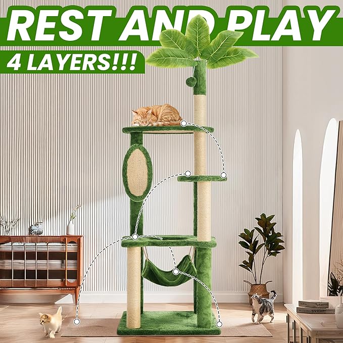 55 Inch Large Cat Tree Tower for Indoor Cats with Hammock Green Leaves Sisal Scratching Post, Plush Hang Ball Play Furniture for Kittens & Adult Cats,New Green