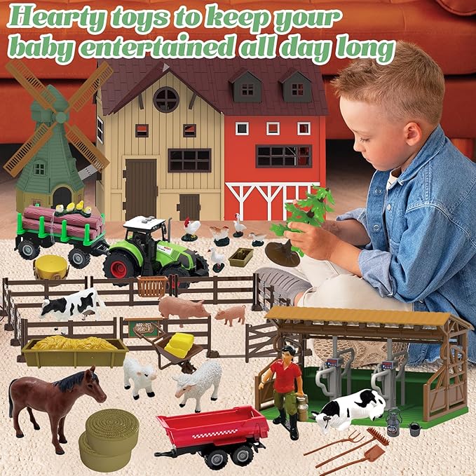 136PCS Farm Animals Toys Set Comes with Barn, Tractor Trailer, Milking shed, Windmill, Farmer, Fence - Playset for Kids Toddlers Boys Girls 5+ Years Old