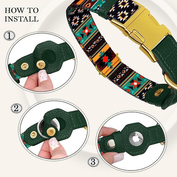 AirTag Dog Collar for Small Medium Large Breed - Adjustable Cute Pattern Dog Collar with Airtag Holder - Soft Leather Tracker GPS Apple Air Tag Pet Collars (Small, 12"-15" Neck Fit, Tribal)