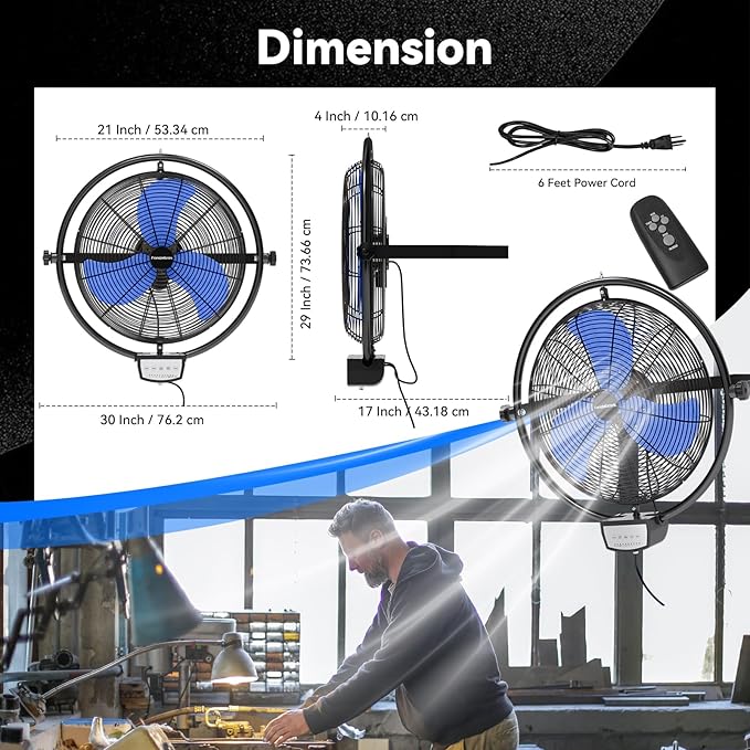 20 IN 5500 CFM Remote Control Wall Mount Fan, 3 Speed High Velocity Wall Fan with Timer, Oscillation & Tilting, Air Circulator for Garage, Commercial, Greenhouse, Warehouse & Gazebo Use, UL Listed
