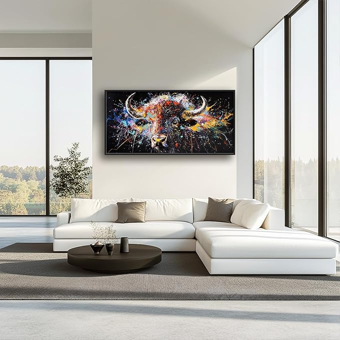 Framed Large Bison Buffalo Wall Art for Living Room, Oversized Graffiti Yak Cow Wall Decor Banksy Bull Canvas Painting Animal Pictures Modern Artwork for Living Room Bedroom Office 60"x30"