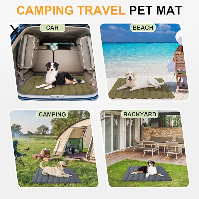 BEAUTYZOO Outdoor Dog Bed Waterproof, Camping Dog Bed Reversible, Portable Travel Bed with Carry Bag- Machine Washable, Durable, Foldable Outdoor Pet Bed Mat for Medium Large Dogs 26” x 43“ Green