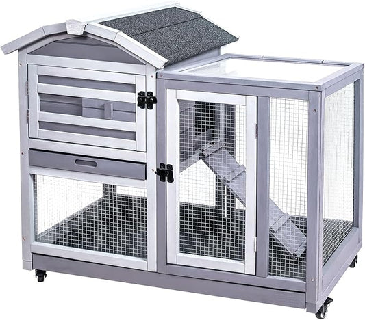 GEGURI Rabbit Hutch Indoor Rabbit Cage Outdoor, Wooden Bunny Cages for Guinea Pig with Wheels, Removable Tray, Ramp