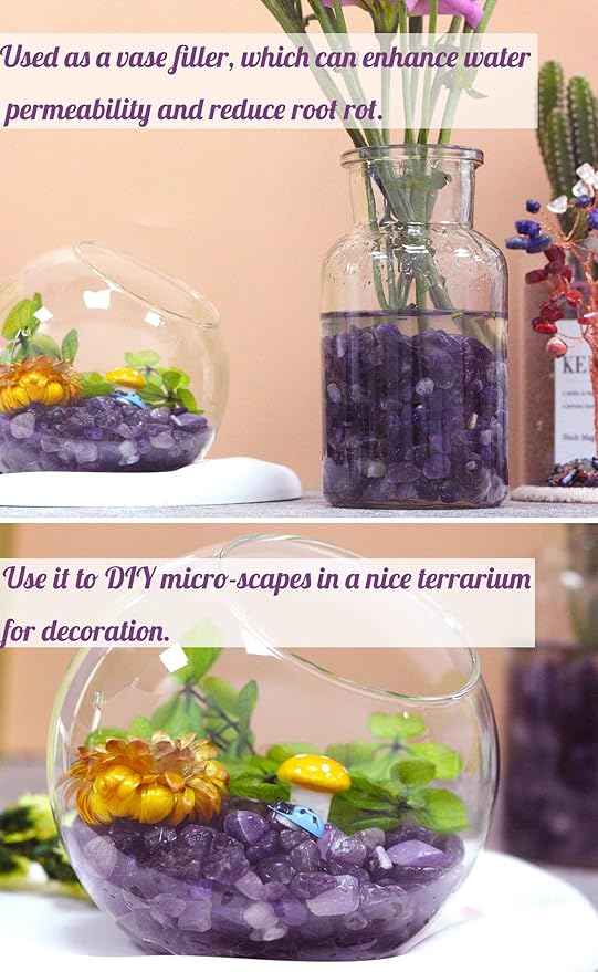 1lb Amethyst Aquarium Gravel Rocks Natural Tumbled Healing Crystal Chips Bulk Gemstones Tumbled Crushed Stones for Fountain Vase Filler Planters Decorative Fish Tank Potted Reiki Energy Balancing