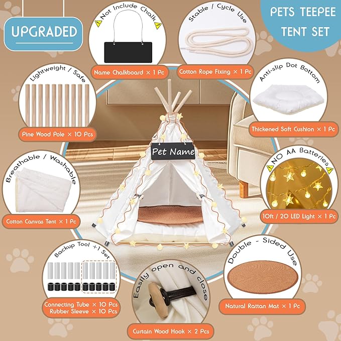 20" Dog& Cat Teepee Tent +24" Pet Cooling Mat +10ft Star String Light [2-Modes],Cotton Thicked Soft Comfort Anti-Slip Cushion (Used/Wash Separately),Medium Pets Tents House Indoor or Outdoor