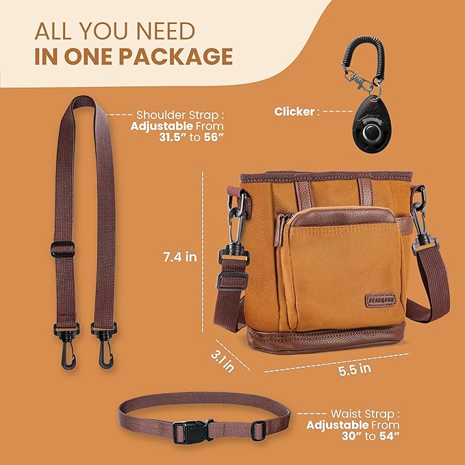 BEAU&FUR Large Dog Treat Pouch with Clicker for Training – 4 Cup Capacity, Built-in Poop Bag Dispenser, Expandable Pocket, Metal Buckle, Large Back Pocket, Ideal for Walks and Training – Light Brown