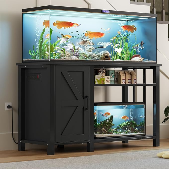 55-75 Gallon Fish Tank Stand with Power Outlet & Adjustable Shelf, Heavy Duty Aquarium Stand with Cabinet Storage for Fish Tank, Turtle Tank, Reptile Terrarium, 1000LBS Capacity, Black