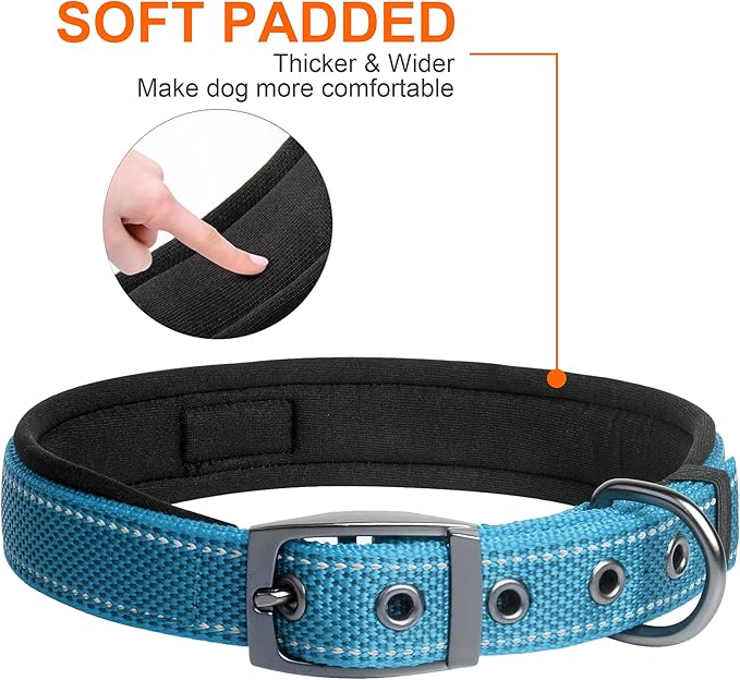 Fida Heavy Duty Dog Collar, Ultra Comfortable Soft Neoprene Padded, Adjustable Reflective Nylon Pet Collar with Durable Metal Belt Buckle for Large Breeds (L, Blue)