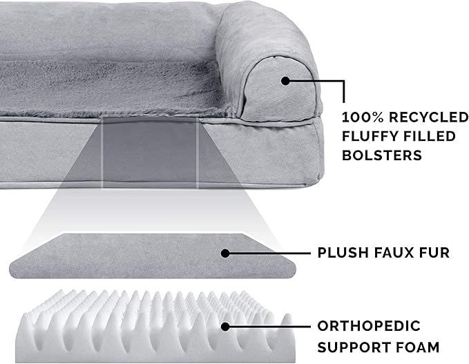 Furhaven Orthopedic Dog Bed for Large Dogs w/ Removable Bolsters & Washable Cover, For Dogs Up to 95 lbs - Plush & Suede Sofa - Gray, Jumbo/XL