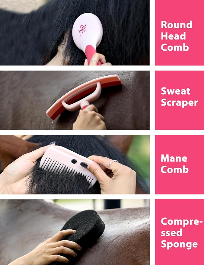 9PCS Horse Grooming Kit Curry Comb Sweat Scraper Horse Bathing Supplies Grooming Tools with Storage Bag Pink Garnet