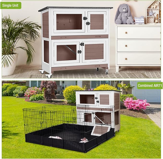 2-Story Rabbit Hutch Indoor Bunny Cage Wooden Guinea Pig House with Chew-Proof Ramp, Leakproof Slide-Out Trays, Lockable Caster Wheels for 1-3 Rabbits (Brown)