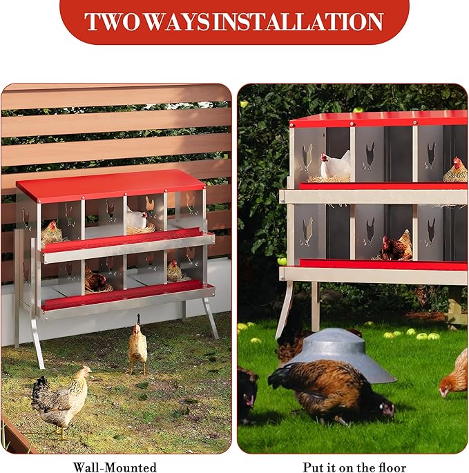 8 Hole Chicken Nesting Box with Roll Out Egg Tray, Rustproof & Ventilated Chicken Laying Boxes for Hens, Chickens, Ducks | Easy-Clean Poultry Coop Accessories, Red with Stand
