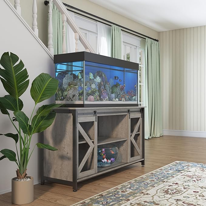 55-75 Gallon Aquarium Stand Heavy Duty Steel Frame, Fish Tank Cabinet with Accessories Storage for Reptile Terrarium & Turtle Tank - 1000lbs Capacity (Grey)