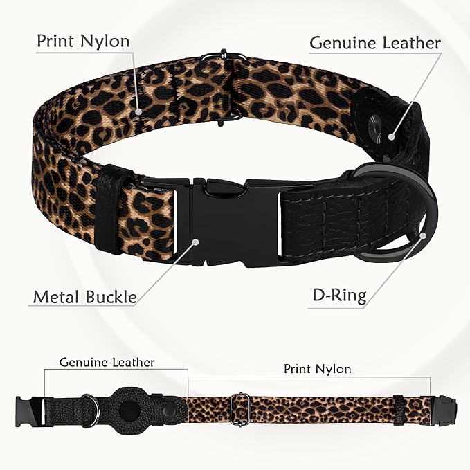 AirTag Dog Collar for Small Medium Large Breed - Adjustable Cute Pattern Dog Collar with Airtag Holder - Soft Leather Tracker GPS Apple Air Tag Pet Collars (Medium, 14"-18" Neck Fit, Leopard)