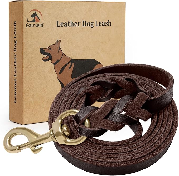 FAIRWIN Braided Leather Dog Training Leash 6 Foot - Military Grade Heavy Duty Dog Leash for Large Medium Small Dogs (Brown, M:5/8" x 6ft)