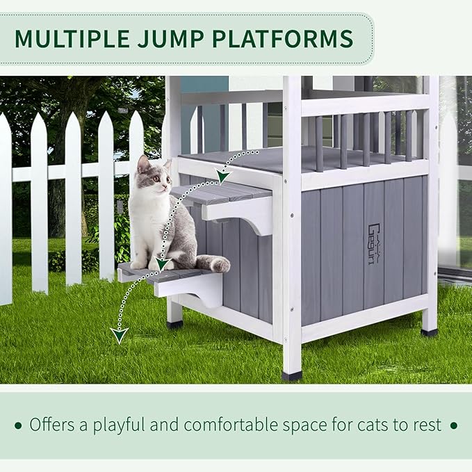 GEGURI Outdoor Cat House Weatherproof, Wooden Two-Story Feral Cat Shelter with, Escape Door, Balcony