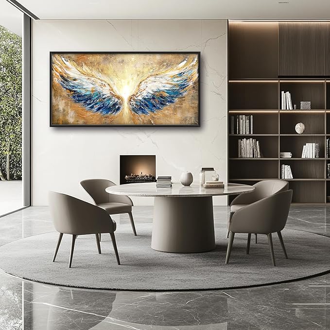 Extra Large Angel Wings Framed Wall Art for Living Room,Oversized Golden Wings Pictures Wall Decor,Holy Gold Blue Canvas Print Painting Modern Artwork Bedroom Office Bathroom 60L" x 30W"