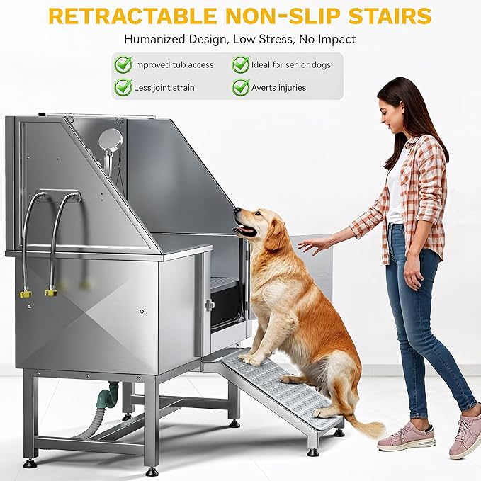 DWVO Professional Pet Dog Bathing Station for Grooming, 50'' Dog Grooming Bathtub with Right Ramp, Floor Grate, Faucet, Showerhead & Soap Holder for Large, Medium & Small Pets