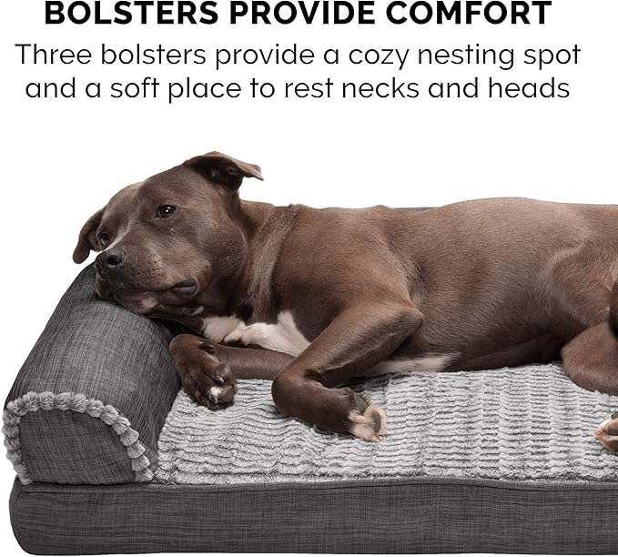 Furhaven Orthopedic Dog Bed for Large/Medium Dogs w/ Removable Bolsters & Washable Cover, For Dogs Up to 55 lbs - Luxe Faux Fur & Performance Linen Sofa - Charcoal, Large