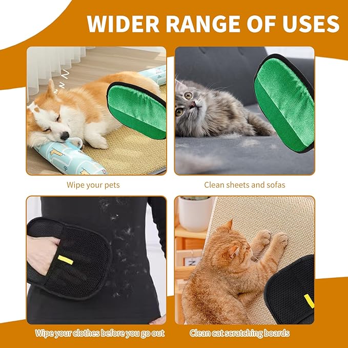 2PCS Electrostatic Pet Grooming Gloves, Reusable Hair Remover for Dog Cat Fur on Clothes Furniture Car Seat/Green