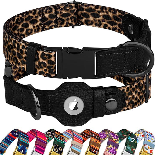 AirTag Dog Collar for Small Medium Large Breed - Adjustable Cute Pattern Dog Collar with Airtag Holder - Soft Leather Tracker GPS Apple Air Tag Pet Collars (X-Small, 9"-12" Neck Fit, Leopard)