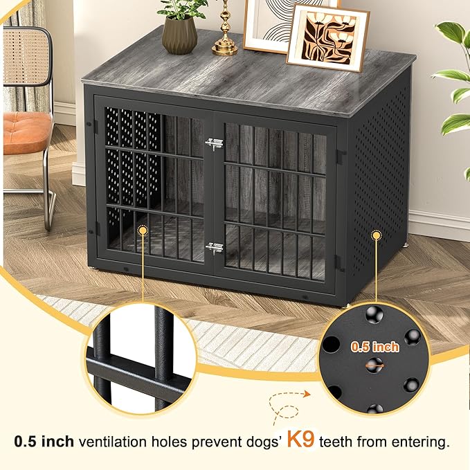 42" Heavy Duty Dog Crate Furniture for Large and Medium Dogs, Enclosed Design Wooden Metal Kennel, Pet Cage Furniture Indoor, Decorative Dog Kennel, End Table