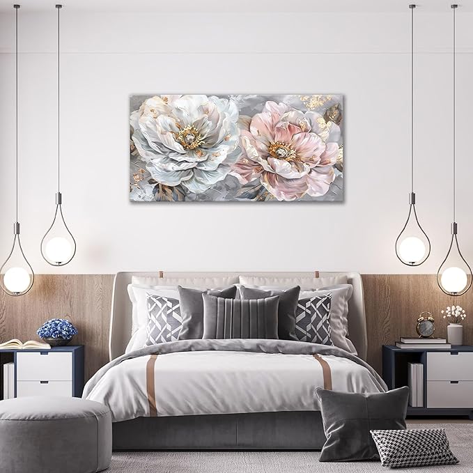 Extra Large Flower Wall Art Pink and White Floral Canvas Living Room Golden Pictures Framed Prints Oversize Wall Decor Big Painting Artwork for Bedroom Dining Office Home 60"x30"