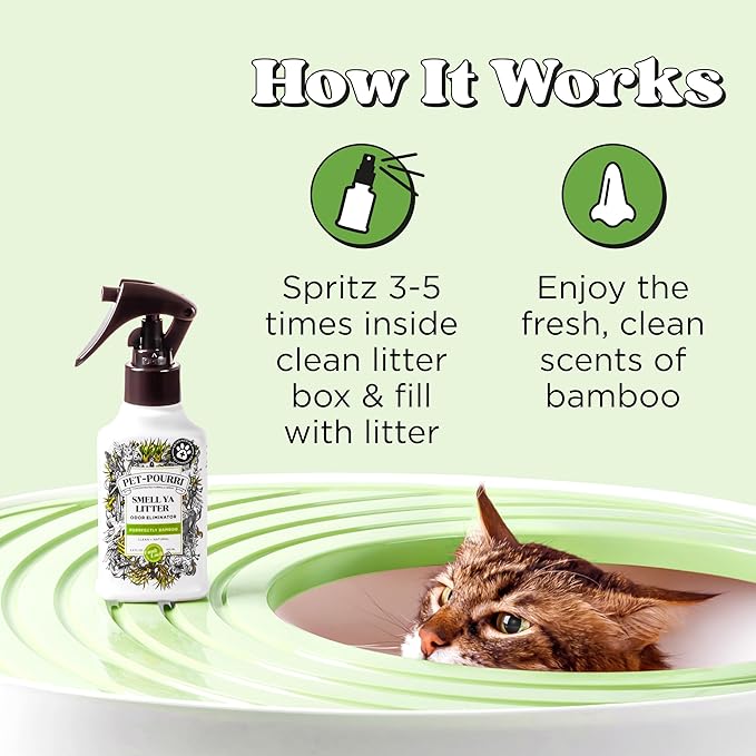 Pet-Pourri Smell Ya Litter Cat Litter Deodorizer Spray, 3.4 Fl Oz, Up to 170 Uses, Pet Odor Remover with Essential Oils for Air, Carpet, Urine, Vet Recommended, Bergamot Bamboo Scent