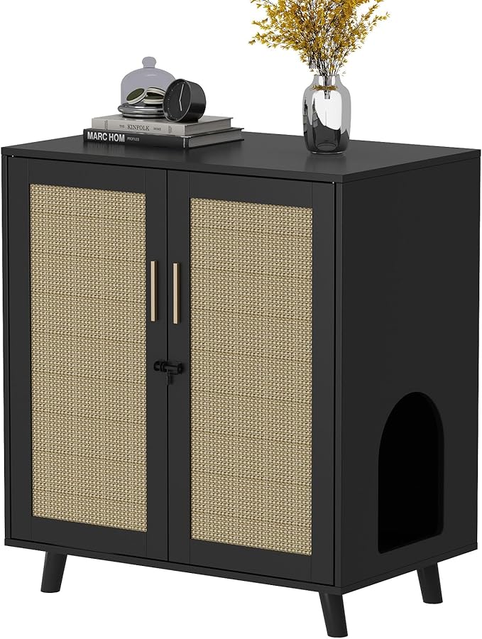Lovinouse Large Cat Litter Box Enclosure,Hidden Kitty Litter Furniture with Sisal Covered Doors,2-Layer Wooden Cat Washroom Cabinet w/Adjustable Shelf, Side Table for Living Room,Black