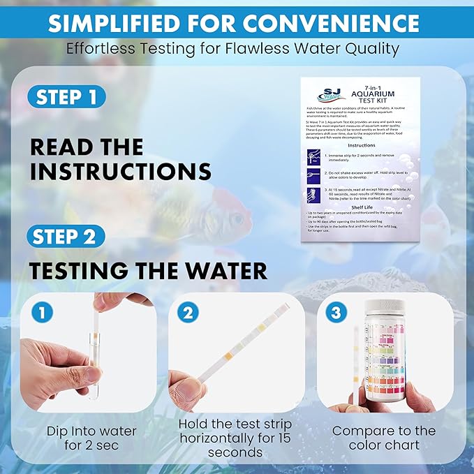 7 in 1 - Aquarium Test Strips | 100 Fast & Accurate Strips | Fish Tank Aquariums Water Test Kit & ebook | Aquarium Thermometer | Fish Tank Water Testing Kit for Fresh & Saltwater | Versatile Usage