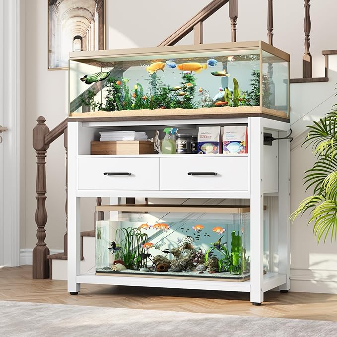 40-49 Gallon Fish Tank Stand with Two Storage Drawers, Heavy Duty Aquarium Stand with Waterproof Mat, Sturdy Metal Frame, 800 LBS Capacity Storage Cabinet, White