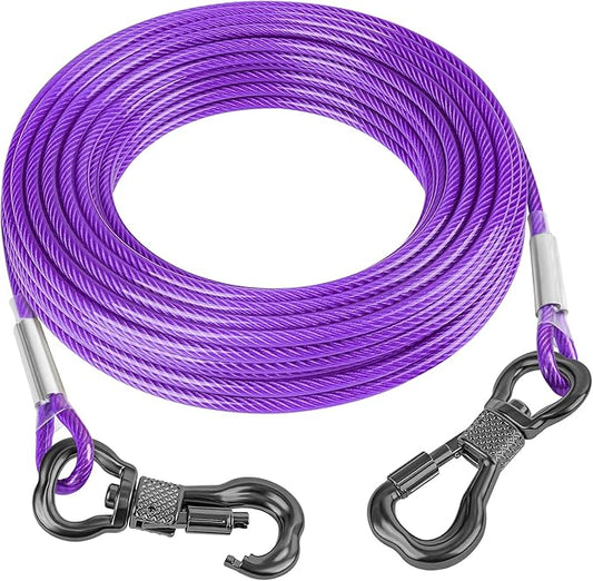 Tresbro 70FT Reflective Tie Out Cable for Dogs Up to 250 Pounds, Steel Wire Lead Leash Cable with Stainless Rotatable Buckle, Lightweight and Enduring, Dog Chains Outside for Outdoor, Yard, Purple