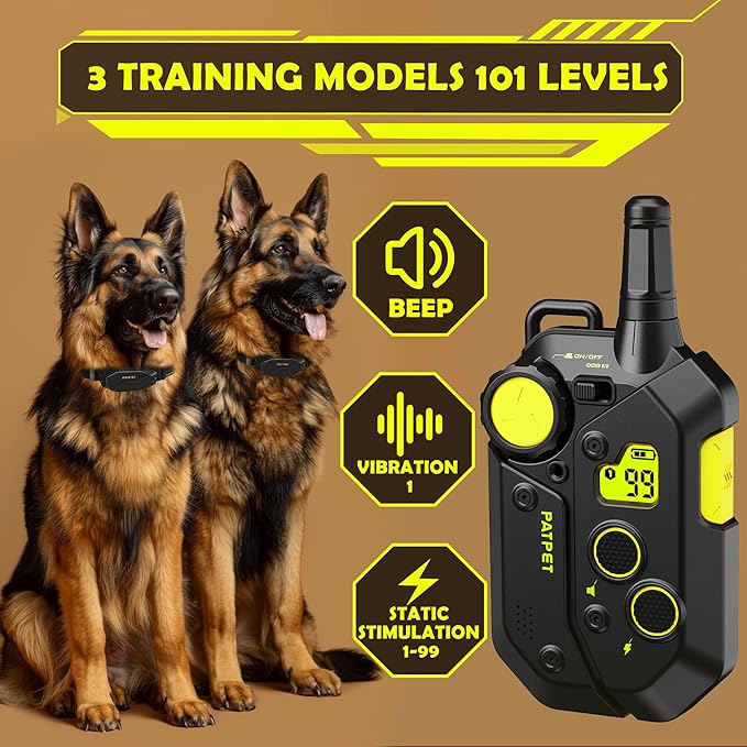 PATPET Dog Training Collar, 1.2 Mile Range 101 Training Levels Dog Shock Collar with Remote Control (15-150 lbs), Waterproof 100% Safe E Collar for Large Dogs (Black with Bright Green`, 2 receivers)