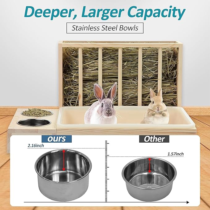 MOBYKE 3 in 1 Rabbit Hay Feeder with Litter Box, Wood, Mess Proof, for Guinea Pig, Chinchillas, Hamster, Dwarf Rabbit