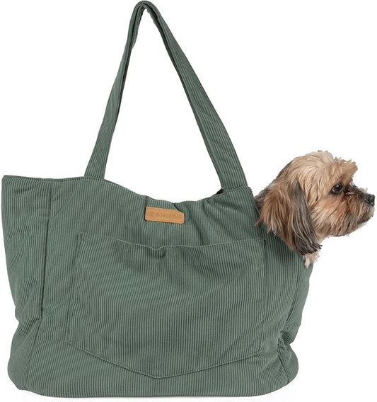 Corduroy Dog Carrier - Lightweight Cotton Soft-Sided Pet Tote with Safety Harness Clip - Breathable Travel Carrier for Small Dogs and Puppies (Green)